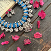 Vriksham Designer Peacock Motif Oxidized Silver & Blue Beaded Neckpiece-Red-S1057